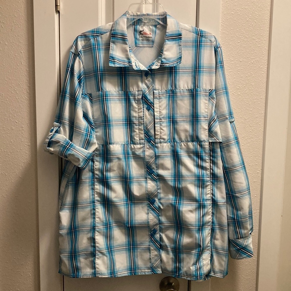 Worldwide Sportsman White Blue Plaid  Button Down Shirt, Size XXL SPF 30